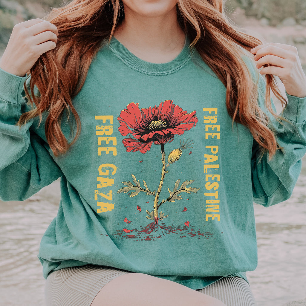 Free Gaza Free Palestine long sleeve graphic shirt featuring Poppy Solidarity