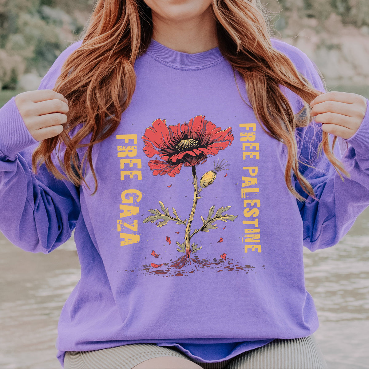 Free Gaza Free Palestine long sleeve graphic shirt featuring Poppy Solidarity