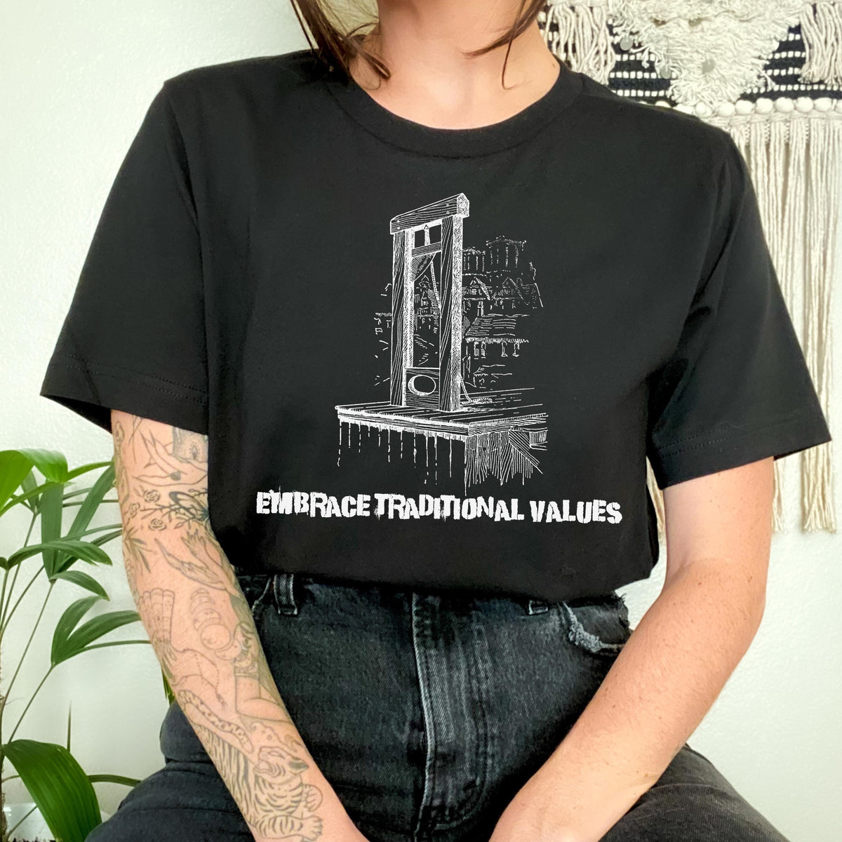 Embrace Traditional Values graphic shirt featuring Guillotine Anti-Capitalist in Army