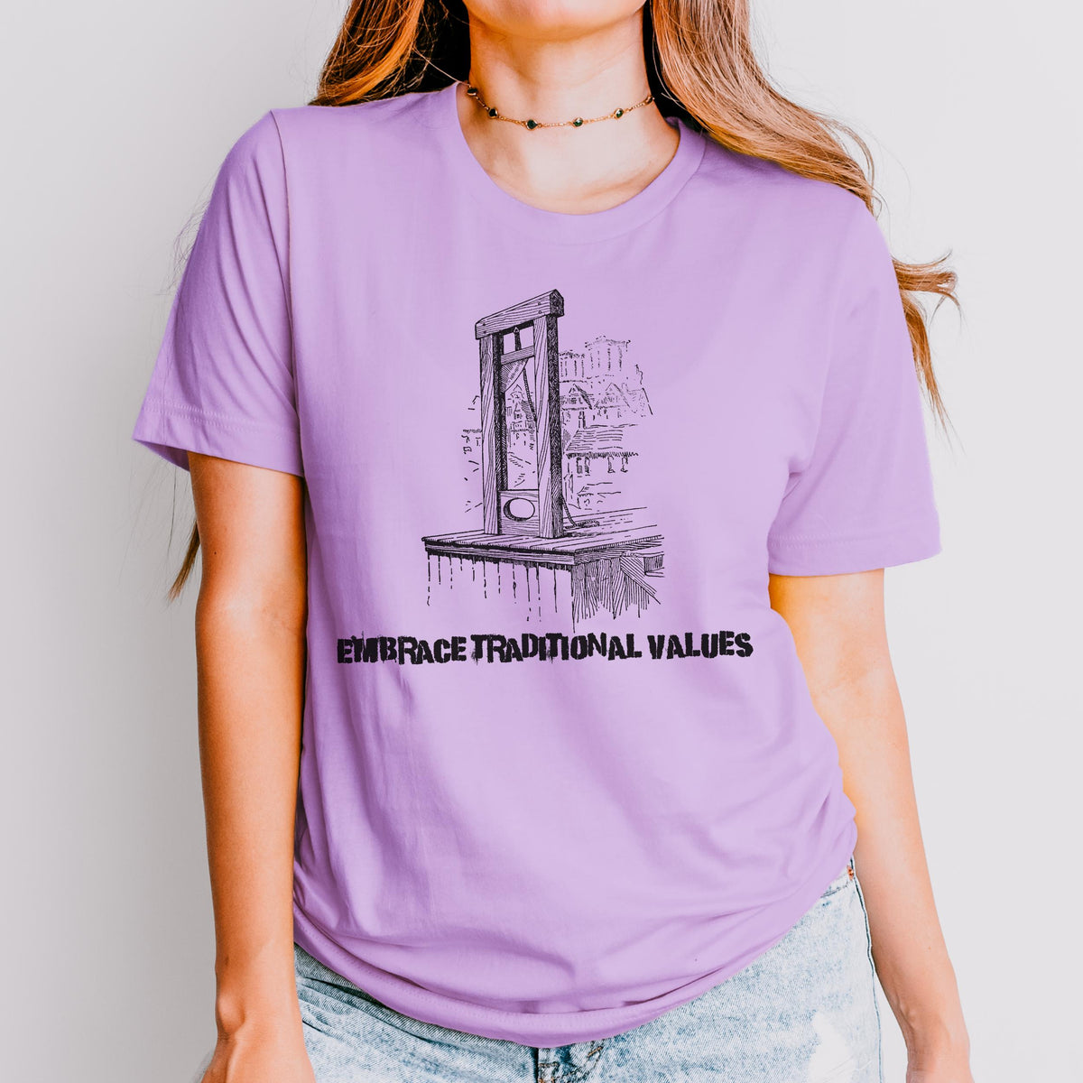 Embrace Traditional Values graphic shirt featuring Guillotine Anti-Capitalist