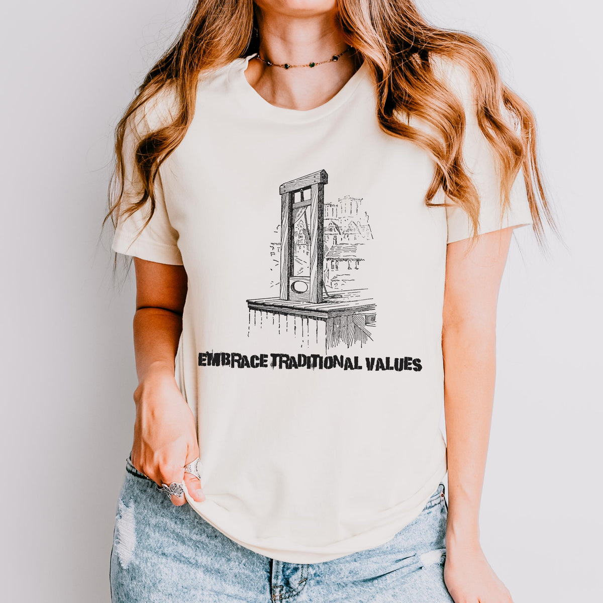 Embrace Traditional Values graphic shirt featuring Guillotine Anti-Capitalist
