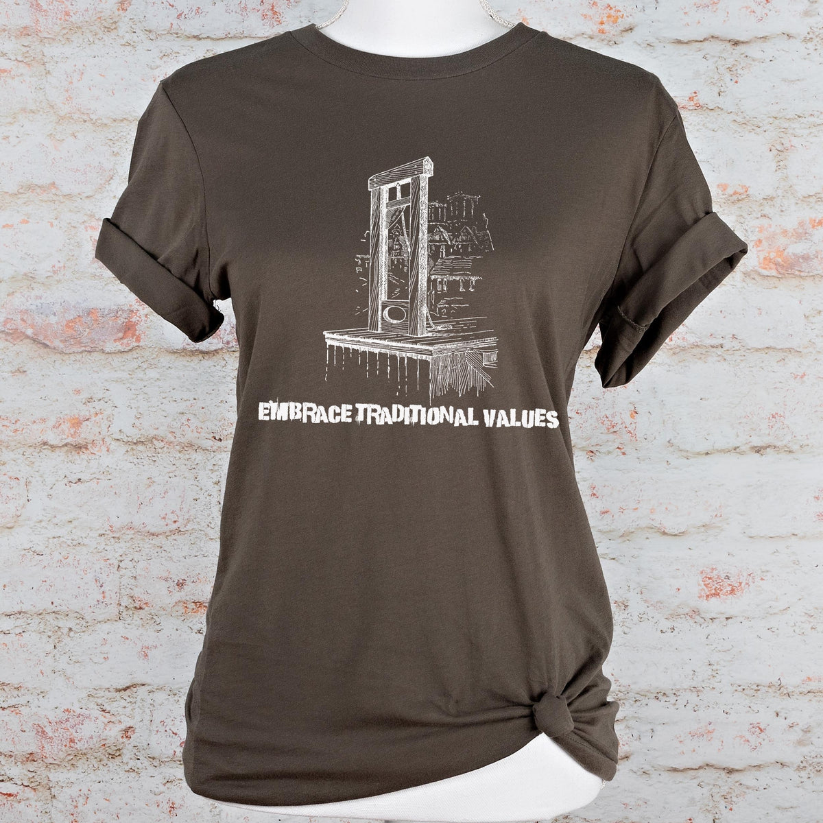 Embrace Traditional Values graphic shirt featuring Guillotine Anti-Capitalist