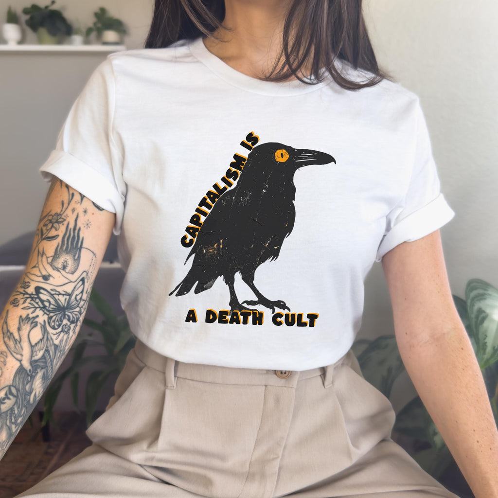 Capitalism Is a Death Cult graphic shirt featuring Vintage Crow in Army