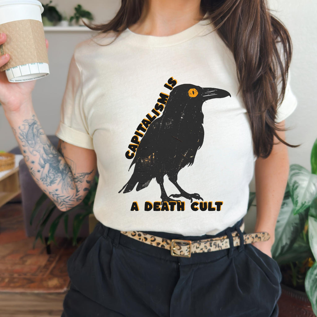 Capitalism Is a Death Cult graphic shirt featuring Vintage Crow