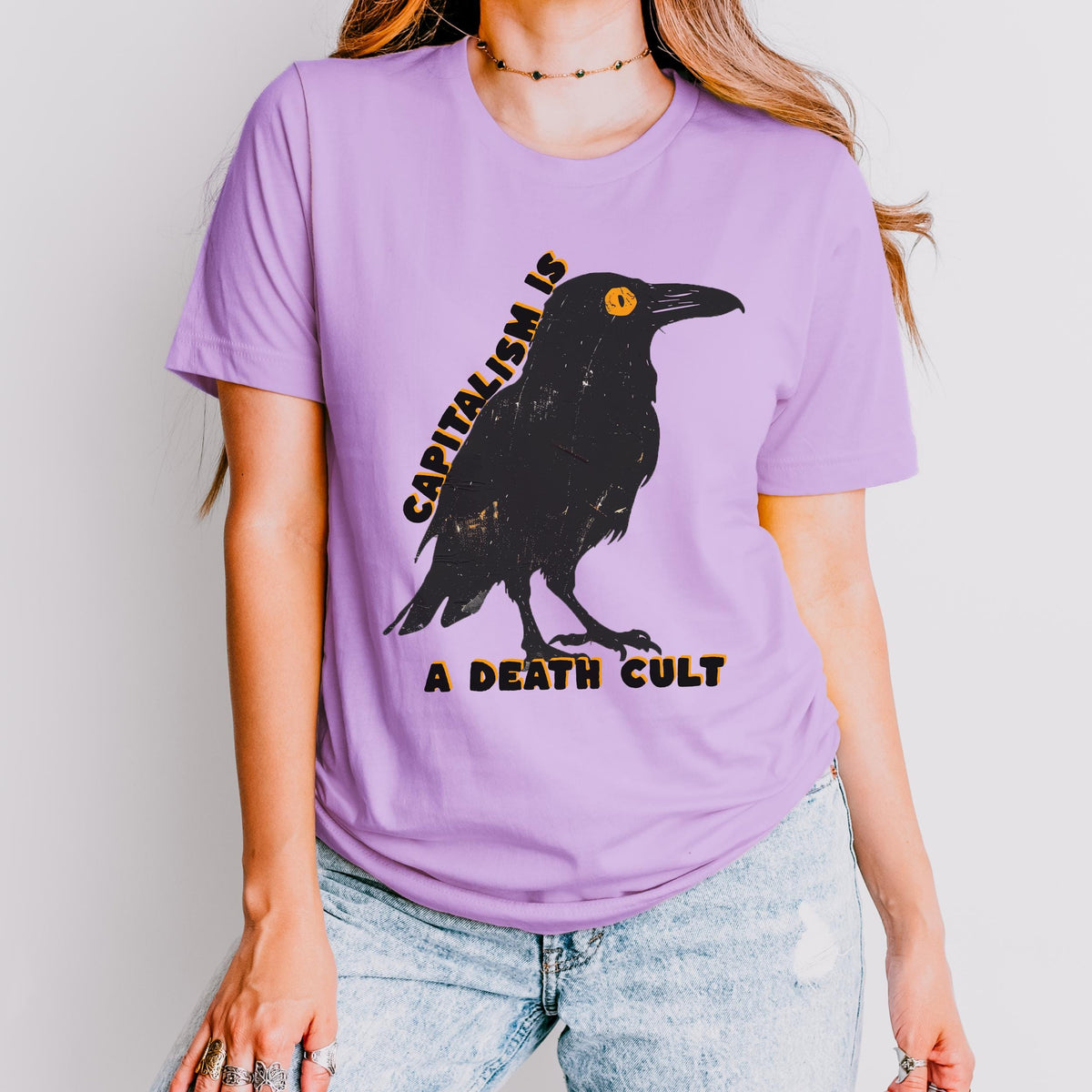 Capitalism Is a Death Cult graphic shirt featuring Vintage Crow