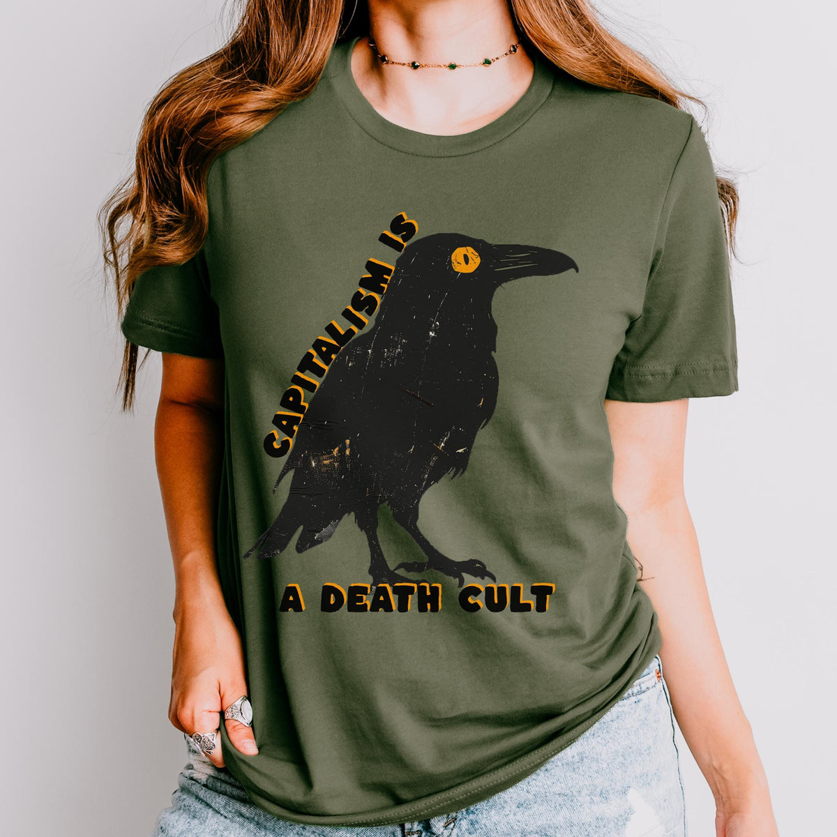Capitalism Is a Death Cult graphic shirt featuring Vintage Crow