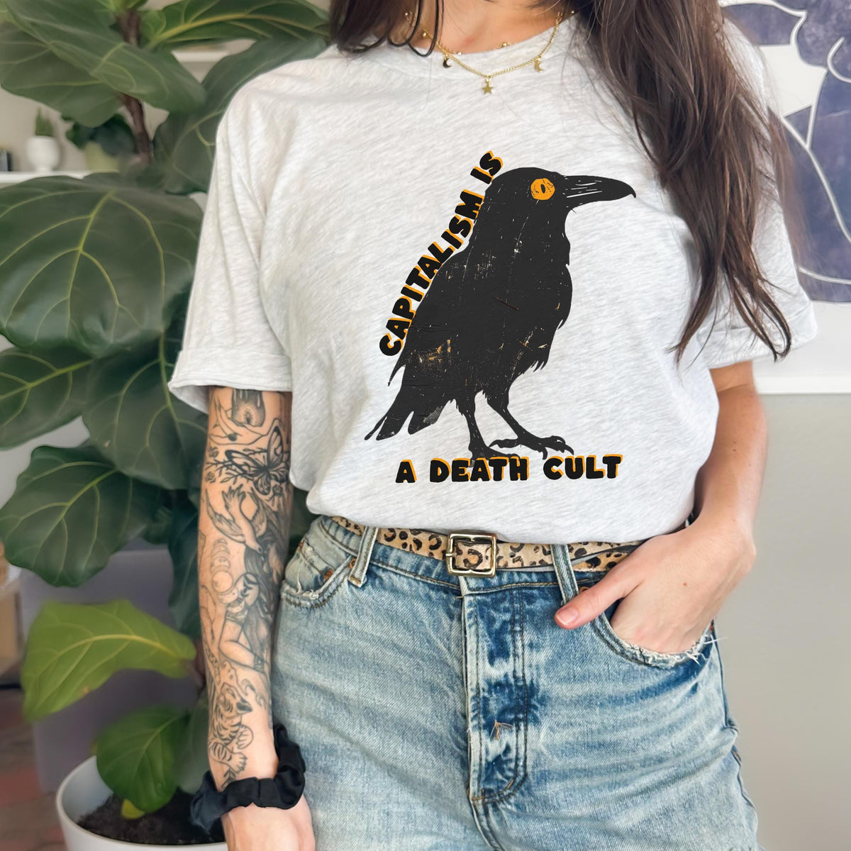 Capitalism Is a Death Cult graphic shirt featuring Vintage Crow