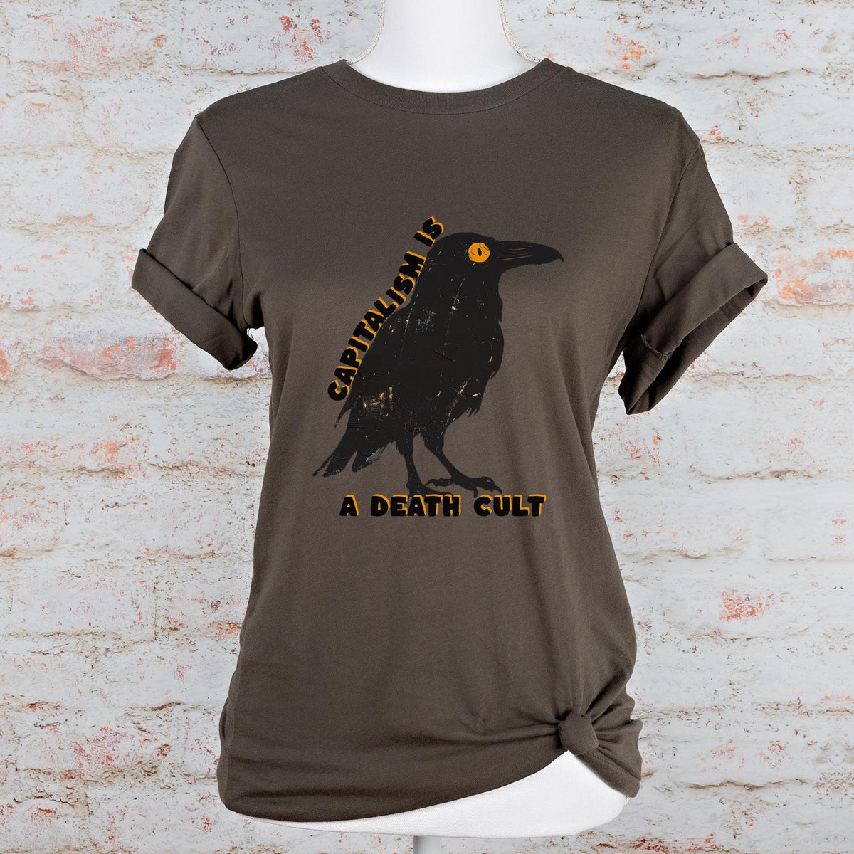 Capitalism Is a Death Cult graphic shirt featuring Vintage Crow