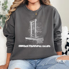 Embrace Traditional Values graphic sweatshirt featuring Guillotine Political Satire