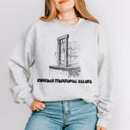 Embrace Traditional Values graphic sweatshirt featuring Guillotine Political Satire