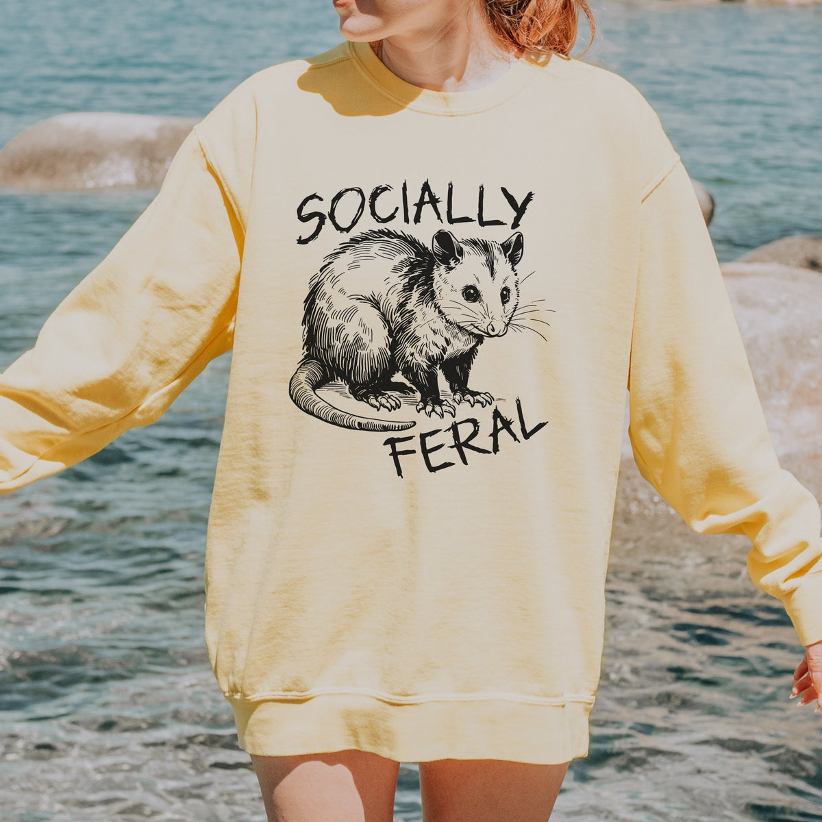 Socially Feral graphic sweatshirt featuring Funny Possum