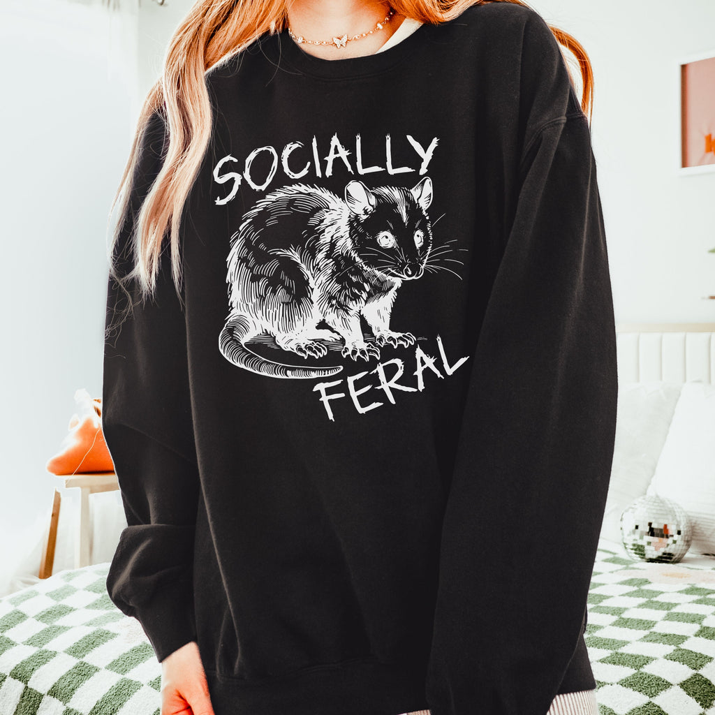 Socially Feral graphic sweatshirt featuring Funny Possum