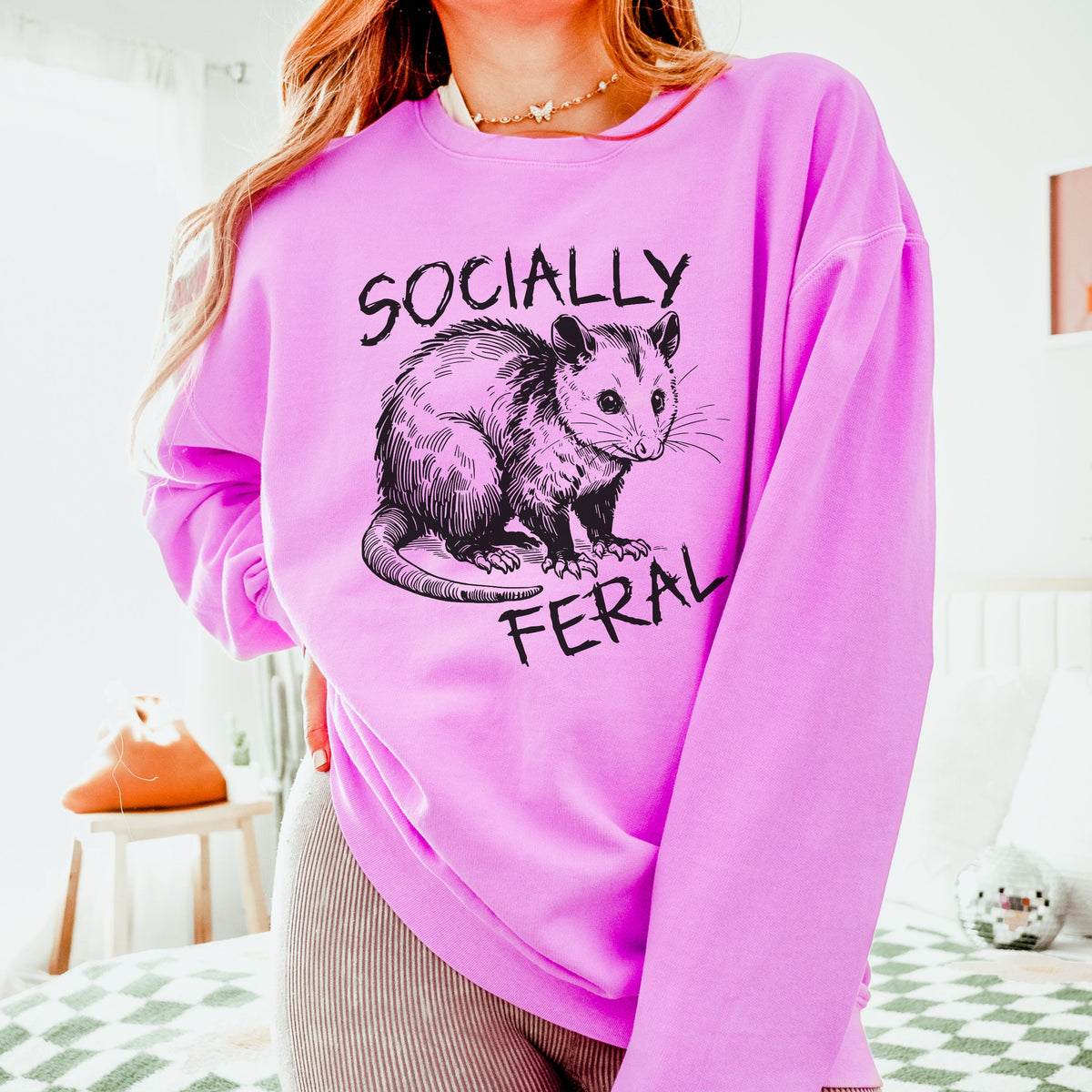 Socially Feral graphic sweatshirt featuring Funny Possum