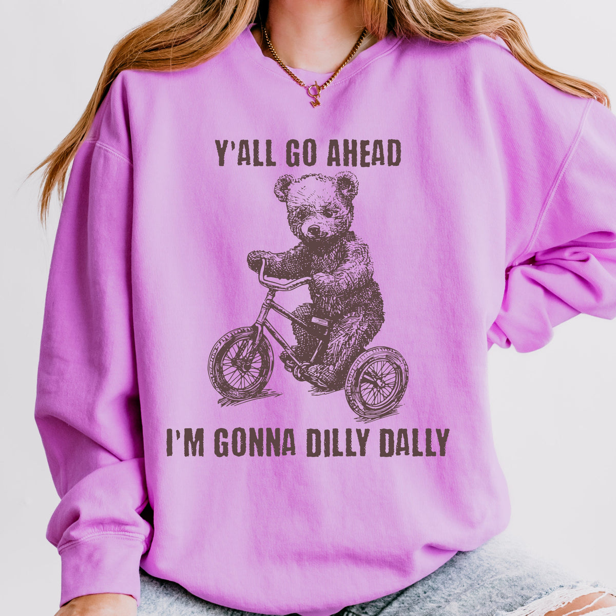 Y’all Go Ahead, I’m Gonna Dilly Dally graphic sweatshirt featuring Funny Bear
