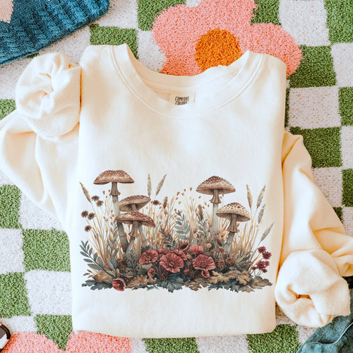 Botanical Mushroom Meadow graphic sweatshirt featuring Cottagecore Wildflower