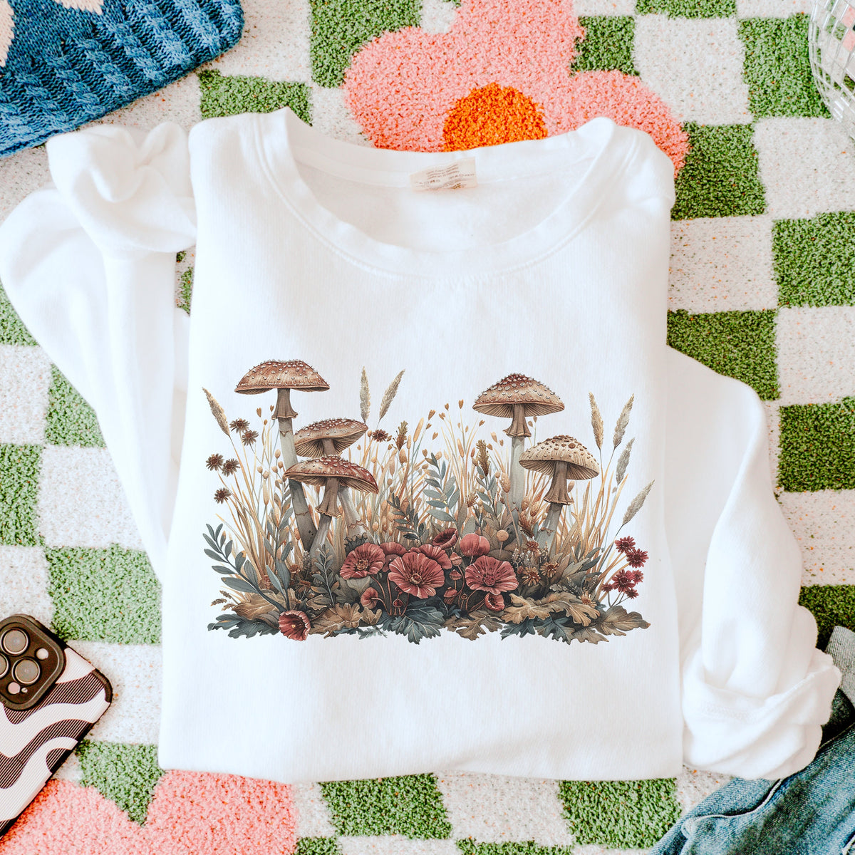 Botanical Mushroom Meadow graphic sweatshirt featuring Cottagecore Wildflower in Black