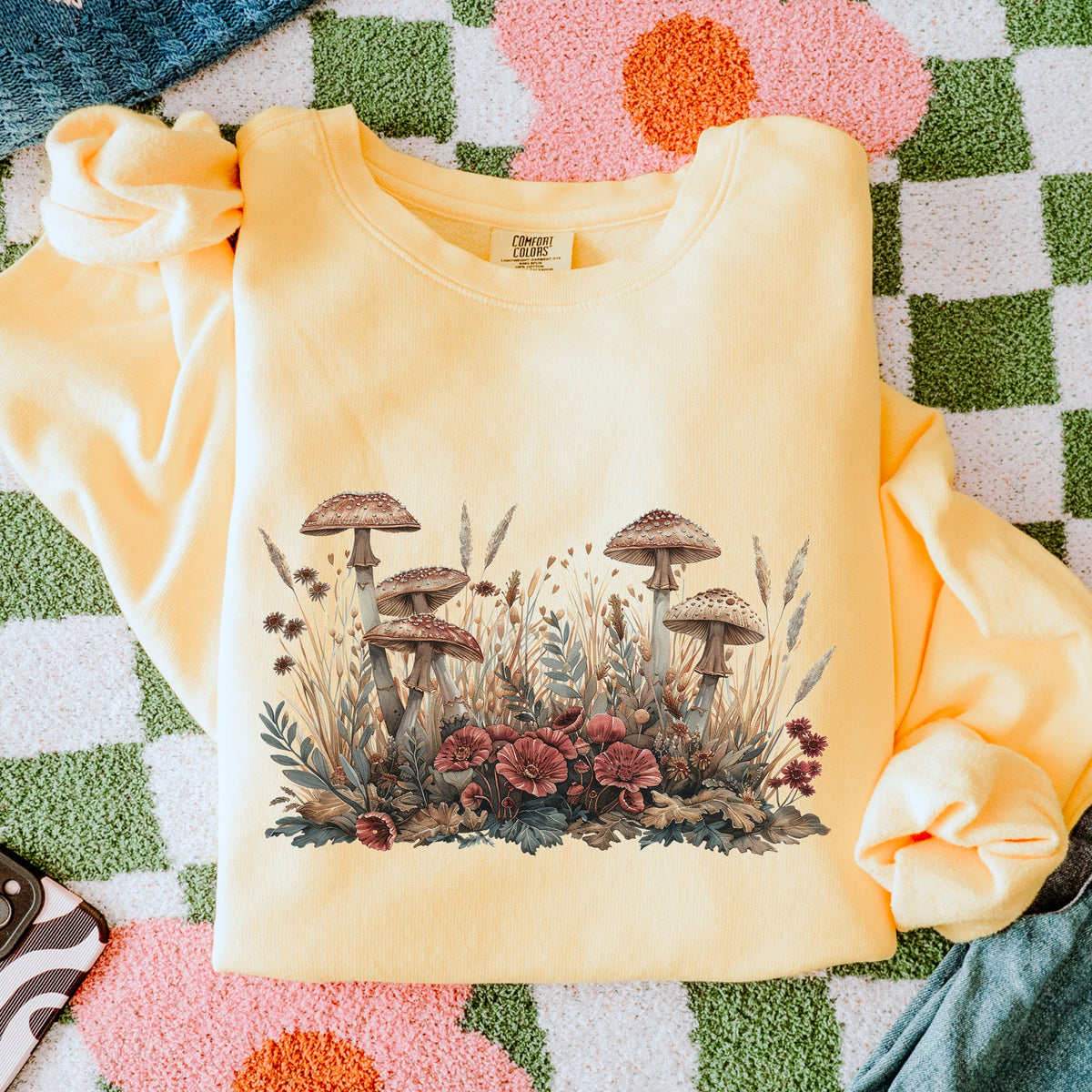 Botanical Mushroom Meadow graphic sweatshirt featuring Cottagecore Wildflower
