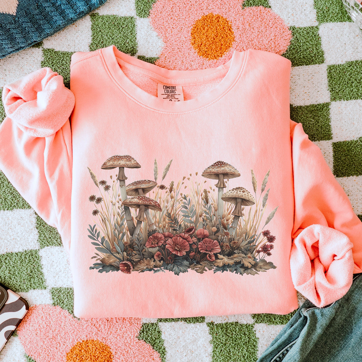 Botanical Mushroom Meadow graphic sweatshirt featuring Cottagecore Wildflower