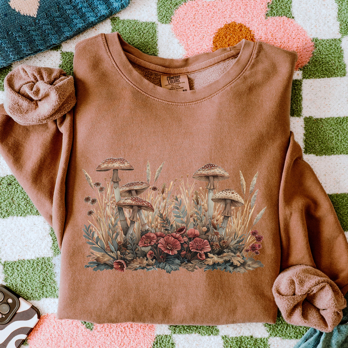 Botanical Mushroom Meadow graphic sweatshirt featuring Cottagecore Wildflower