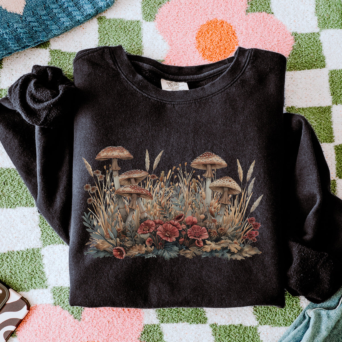 Botanical Mushroom Meadow graphic sweatshirt featuring Cottagecore Wildflower