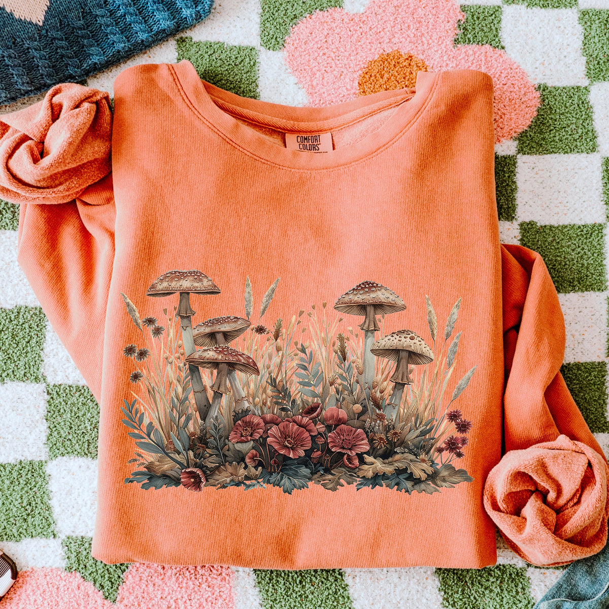 Botanical Mushroom Meadow graphic sweatshirt featuring Cottagecore Wildflower