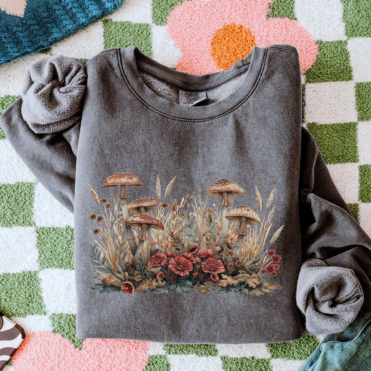 Botanical Mushroom Meadow graphic sweatshirt featuring Cottagecore Wildflower