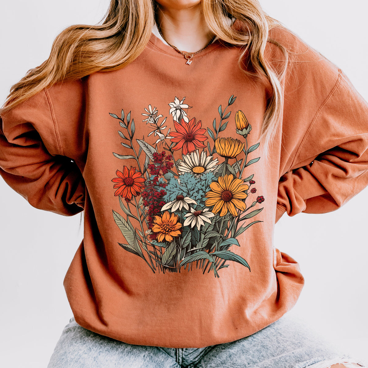 Vintage Wildflower Bouquet graphic sweatshirt featuring Botanical Cottagecore in Crimson