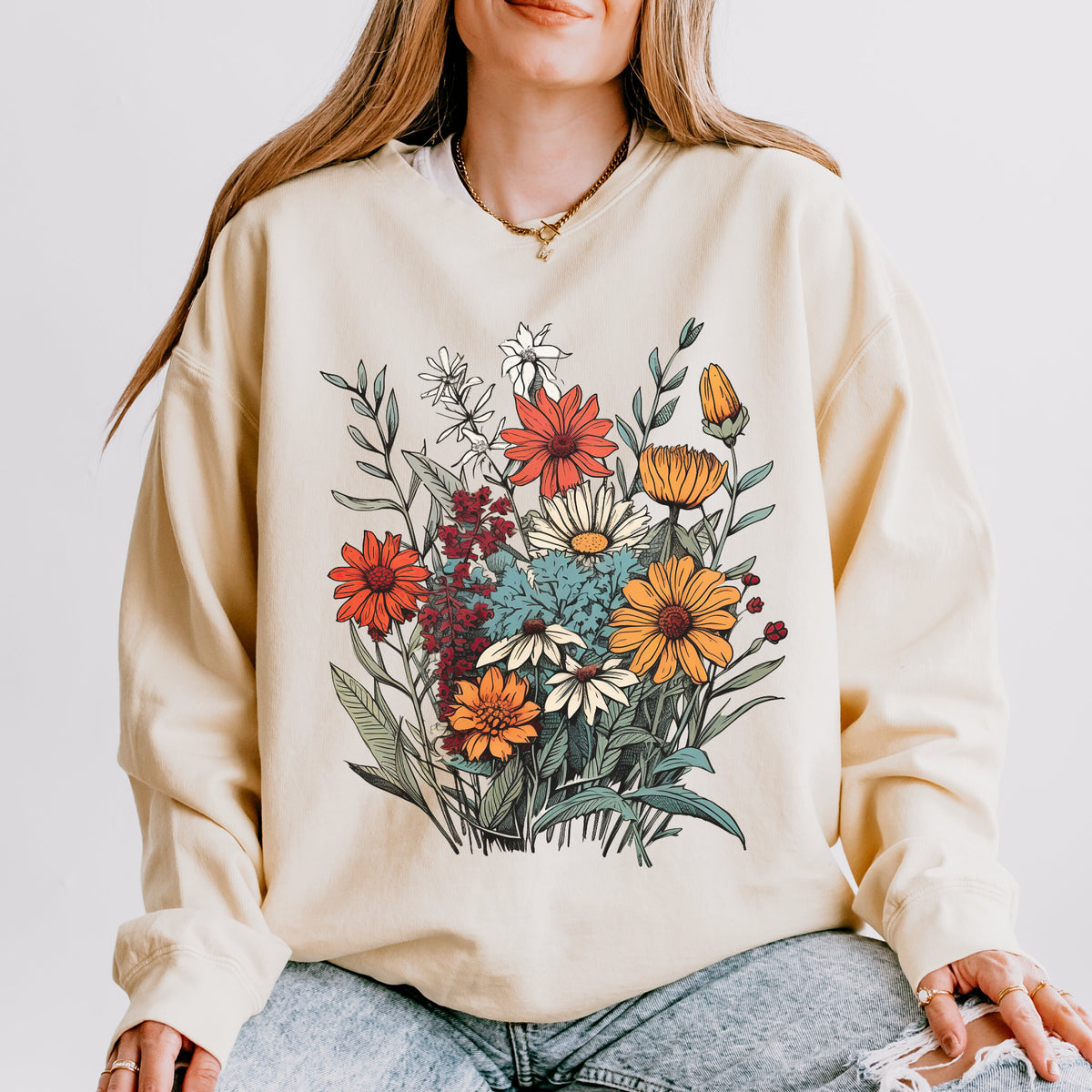 Vintage Wildflower Bouquet graphic sweatshirt featuring Botanical Cottagecore