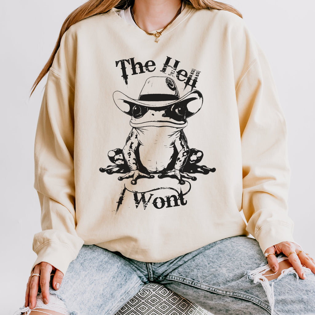 The Hell I Won’t graphic sweatshirt featuring Cowboy Frog Western in Black