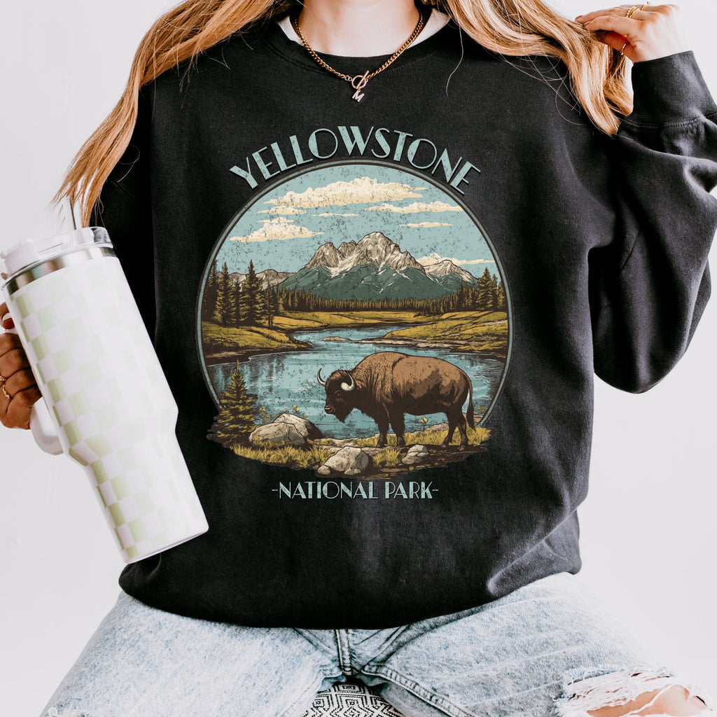 Yellowstone National Park graphic sweatshirt featuring Vintage Bison Wilderness in Black