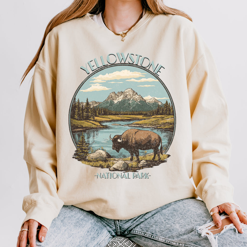 Yellowstone National Park graphic sweatshirt featuring Vintage Bison Wilderness