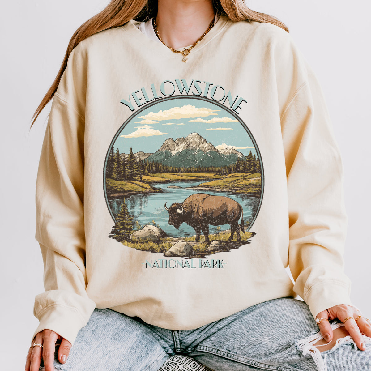 Yellowstone National Park graphic sweatshirt featuring Vintage Bison Wilderness