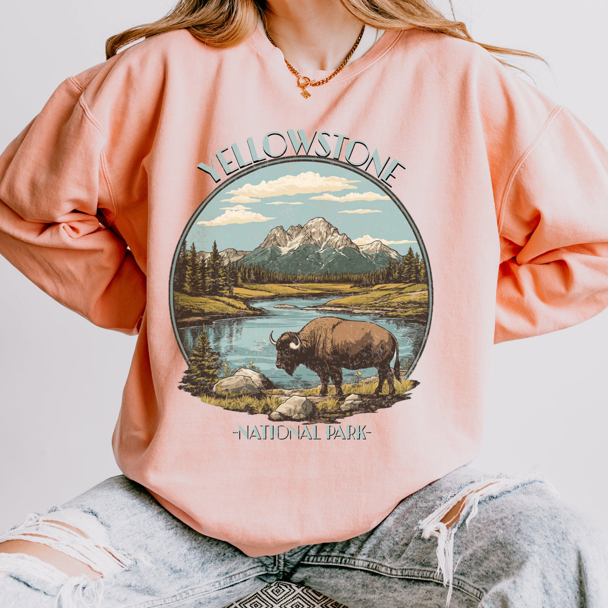 Yellowstone National Park graphic sweatshirt featuring Vintage Bison Wilderness