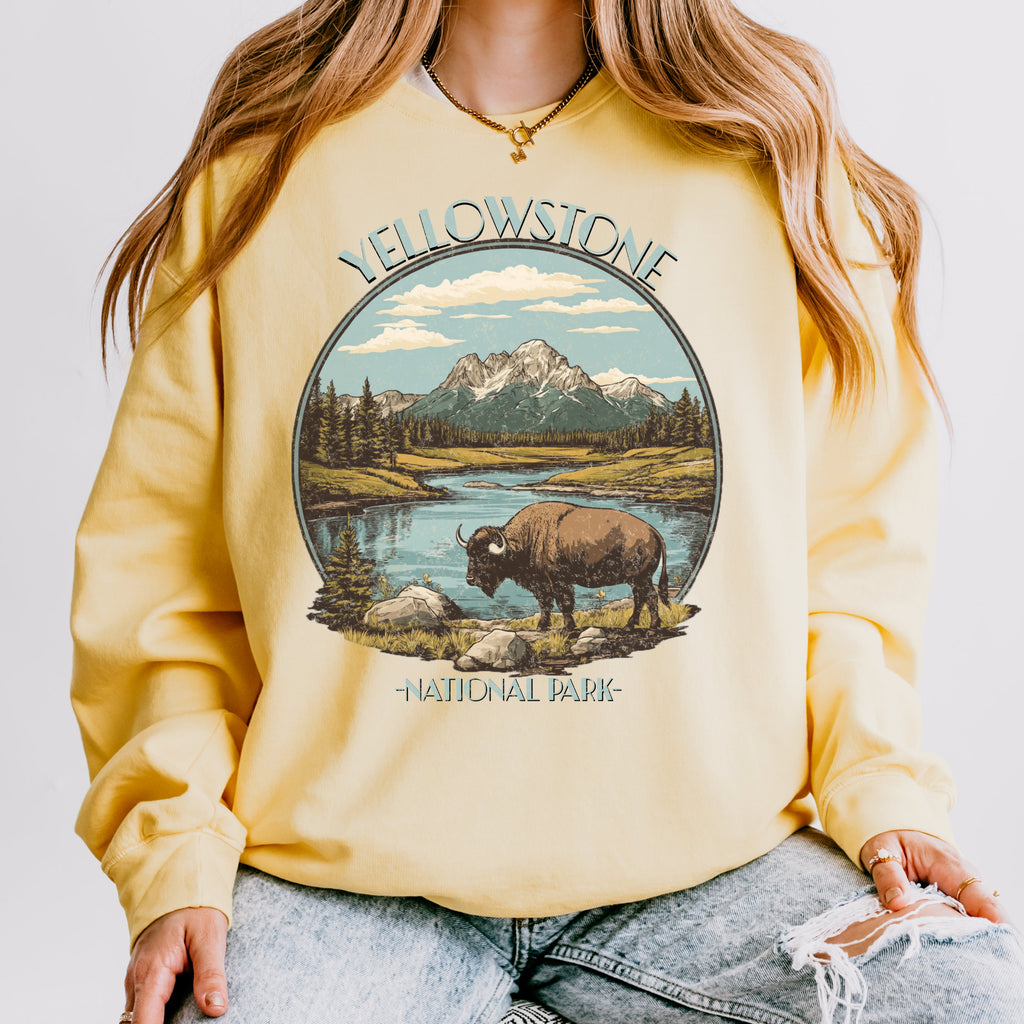 Yellowstone National Park graphic sweatshirt featuring Vintage Bison Wilderness