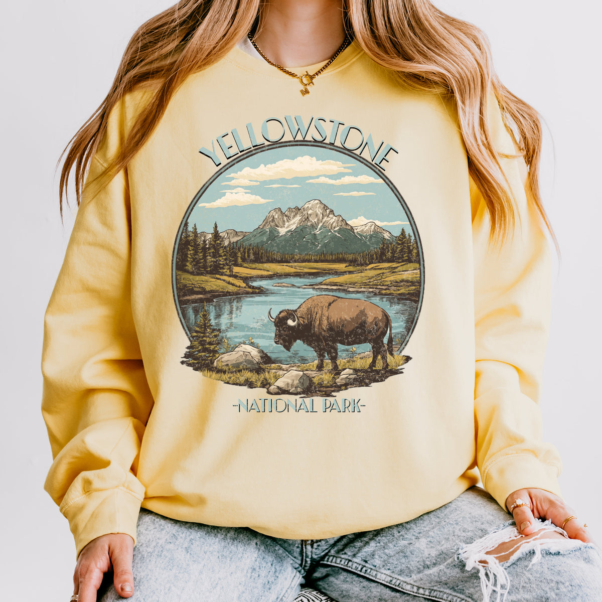 Yellowstone National Park graphic sweatshirt featuring Vintage Bison Wilderness