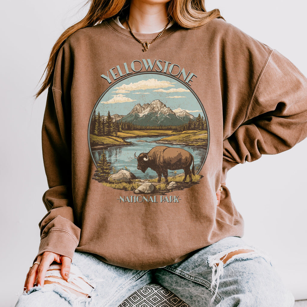 Yellowstone National Park graphic sweatshirt featuring Vintage Bison Wilderness