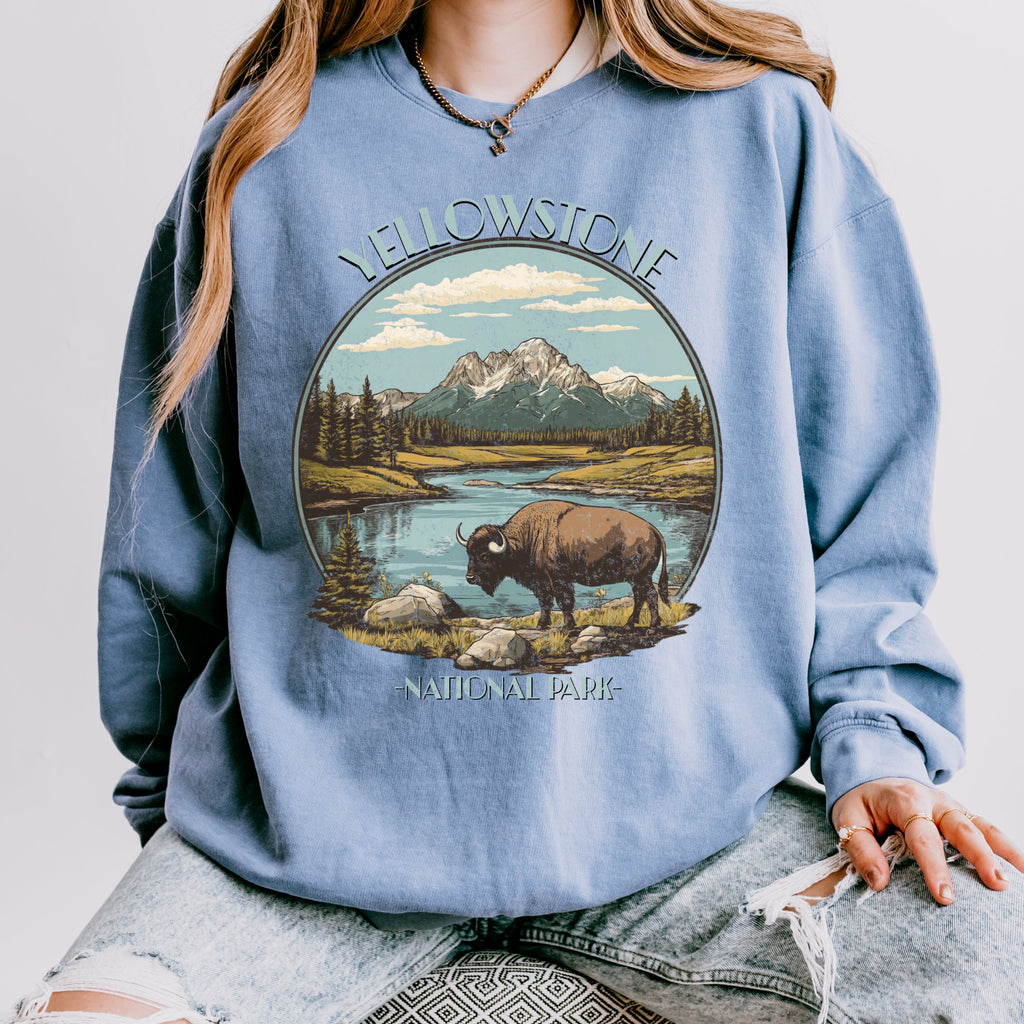 Yellowstone National Park graphic sweatshirt featuring Vintage Bison Wilderness