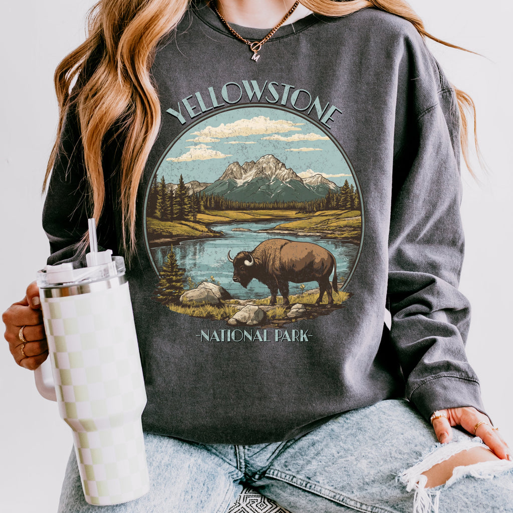 Yellowstone National Park graphic sweatshirt featuring Vintage Bison Wilderness