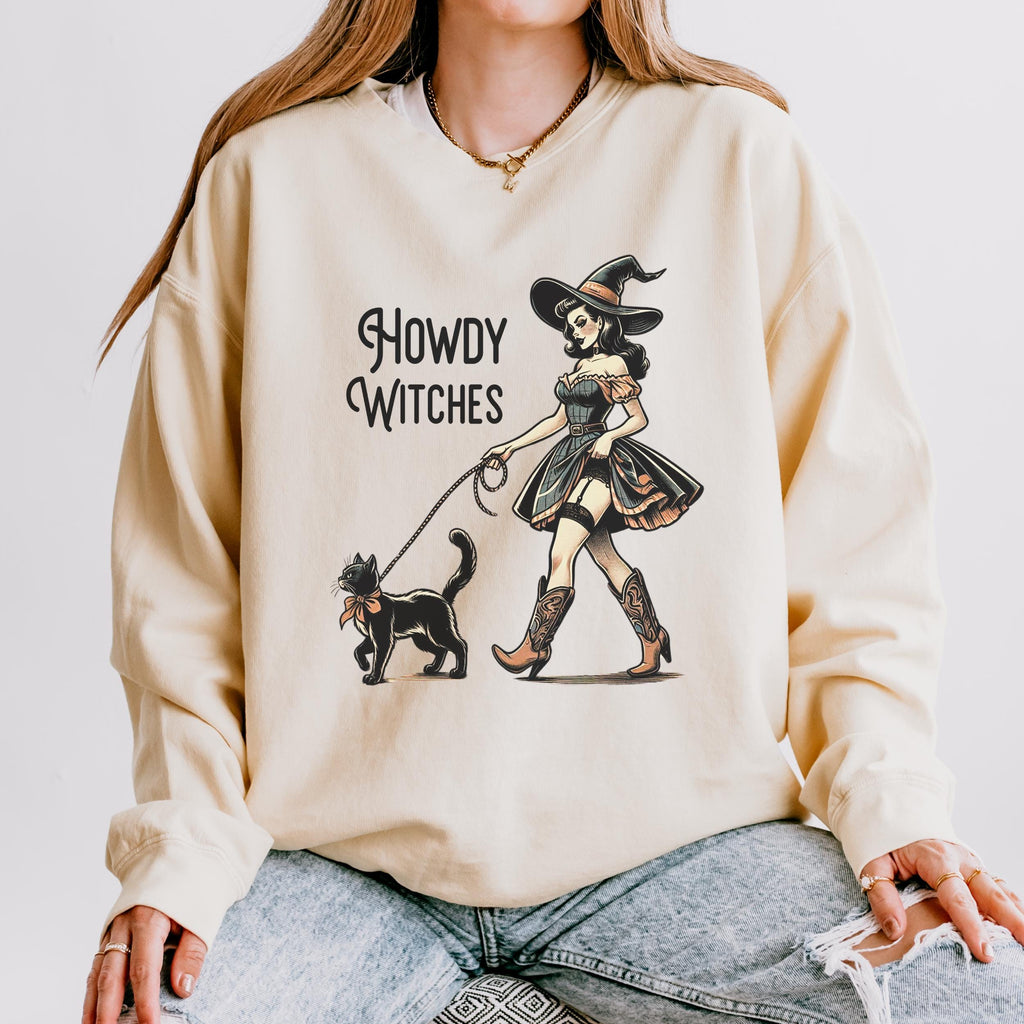 Howdy Witches graphic sweatshirt featuring Western Witch & Black Cat