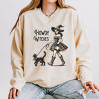 Howdy Witches graphic sweatshirt featuring Western Witch & Black Cat