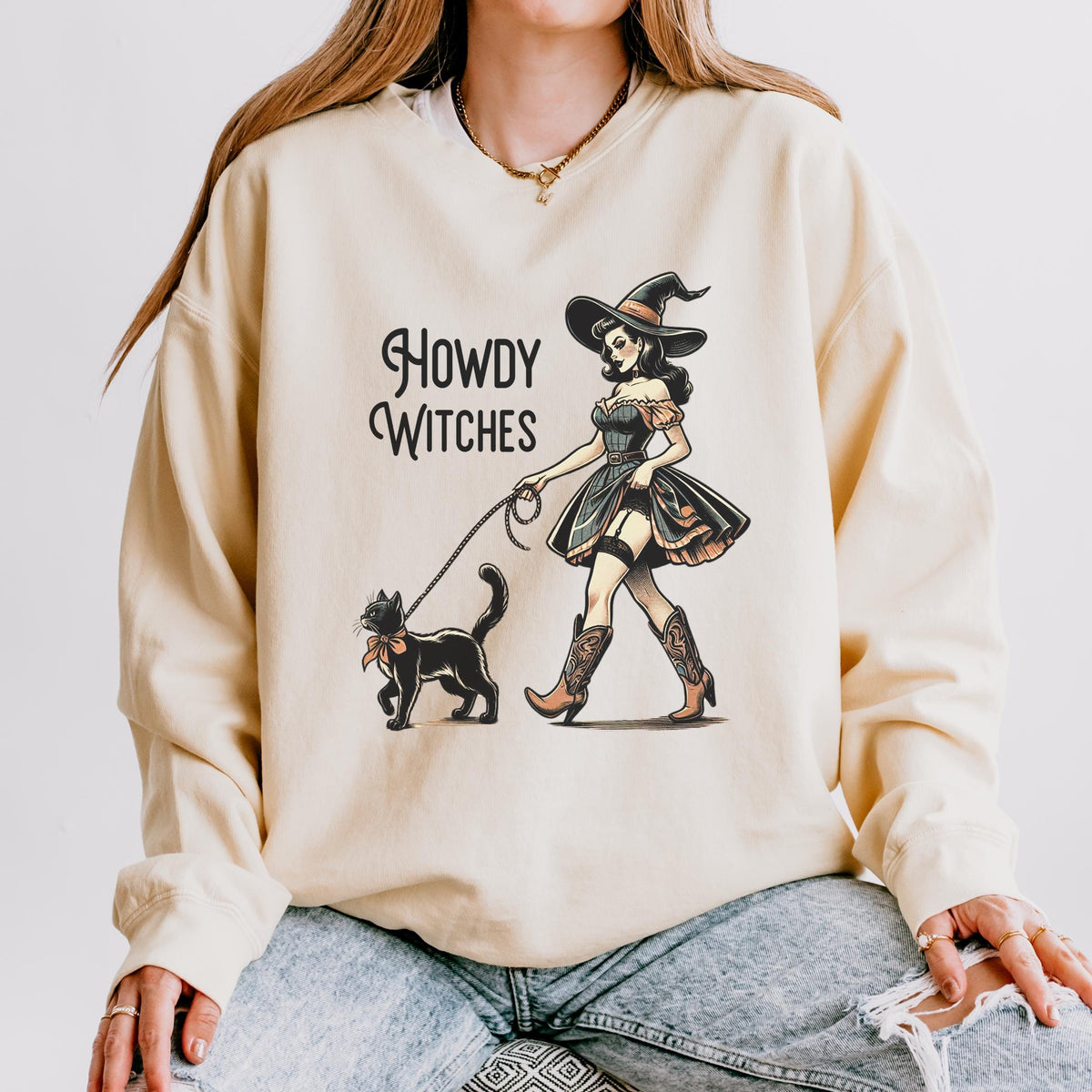 Howdy Witches graphic sweatshirt featuring Western Witch & Black Cat