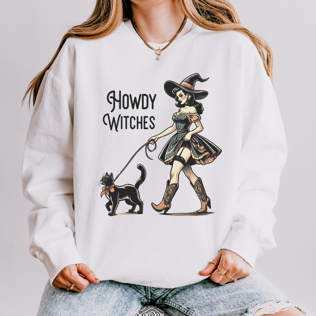 Howdy Witches graphic sweatshirt featuring Western Witch & Black Cat