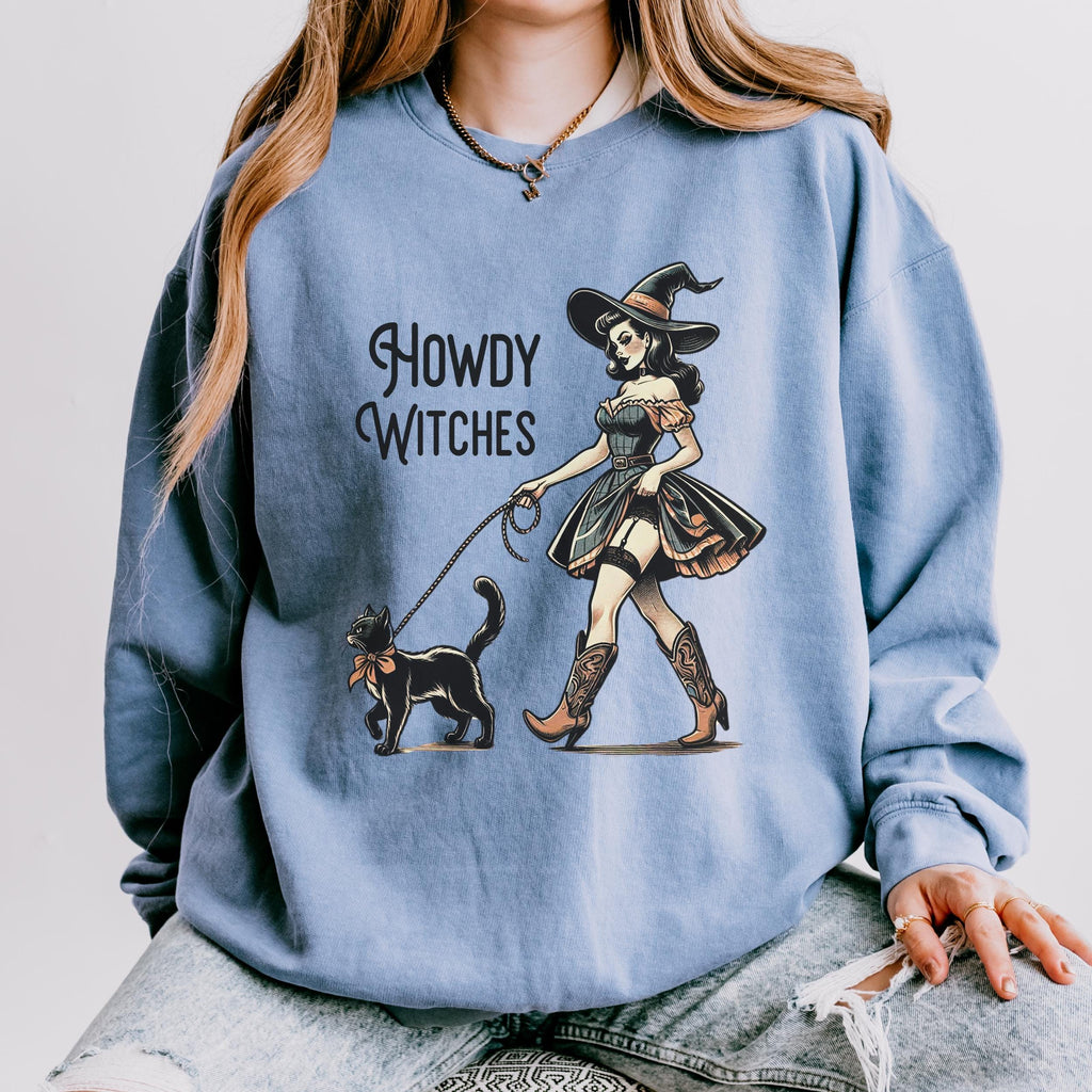 Howdy Witches graphic sweatshirt featuring Western Witch & Black Cat
