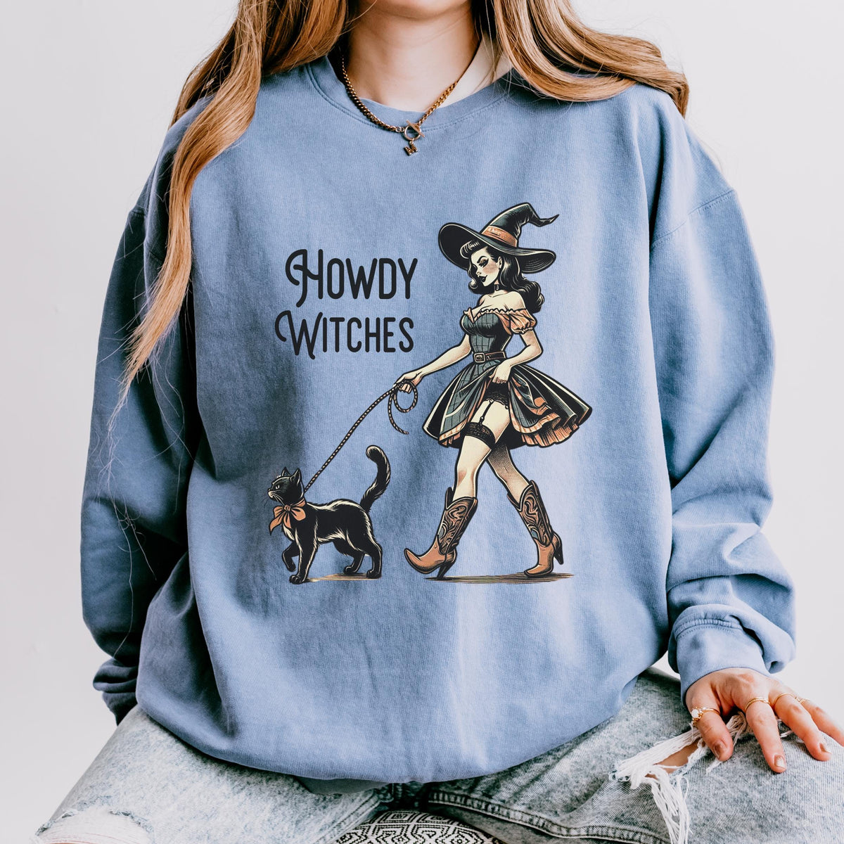 Howdy Witches graphic sweatshirt featuring Western Witch & Black Cat