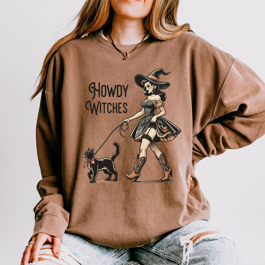 Howdy Witches graphic sweatshirt featuring Western Witch & Black Cat