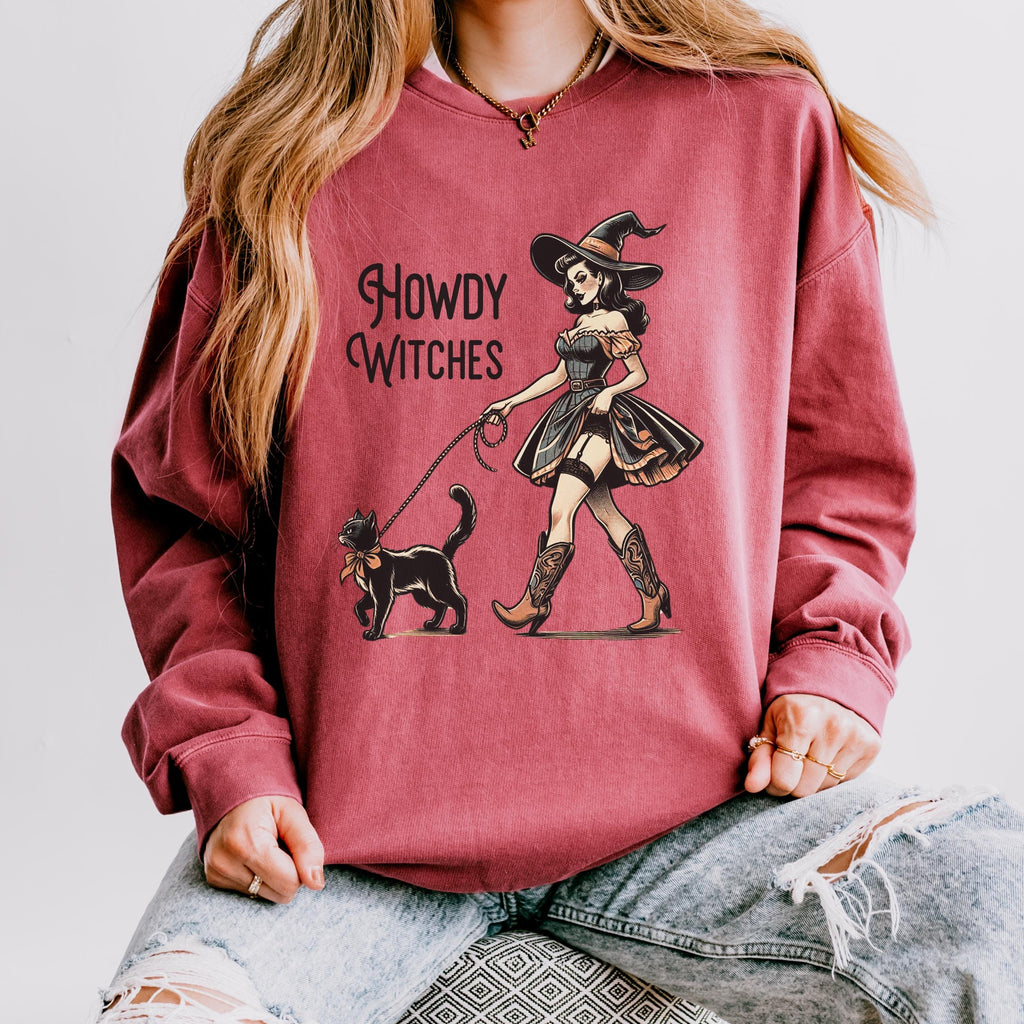 Howdy Witches graphic sweatshirt featuring Western Witch & Black Cat