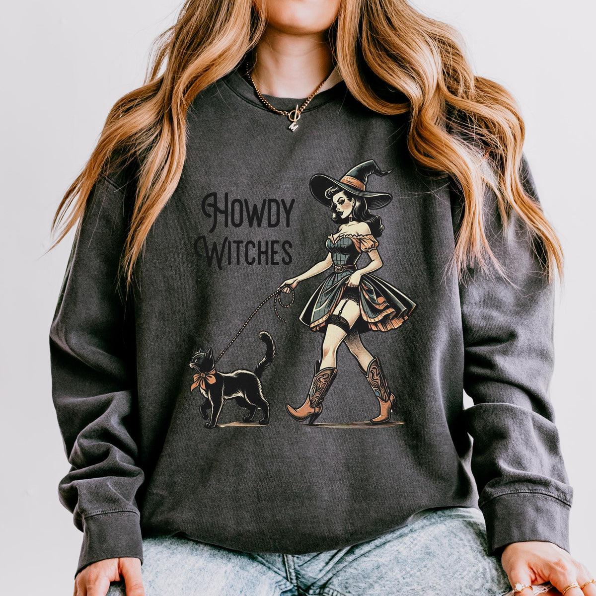 Howdy Witches graphic sweatshirt featuring Western Witch & Black Cat