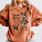 Howdy Witches graphic sweatshirt featuring Western Witch & Black Cat in Crimson