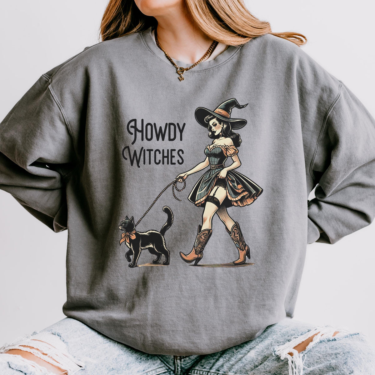 Howdy Witches graphic sweatshirt featuring Western Witch & Black Cat