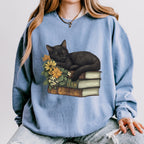 Black Cat & Books graphic sweatshirt featuring Floral Book Lover